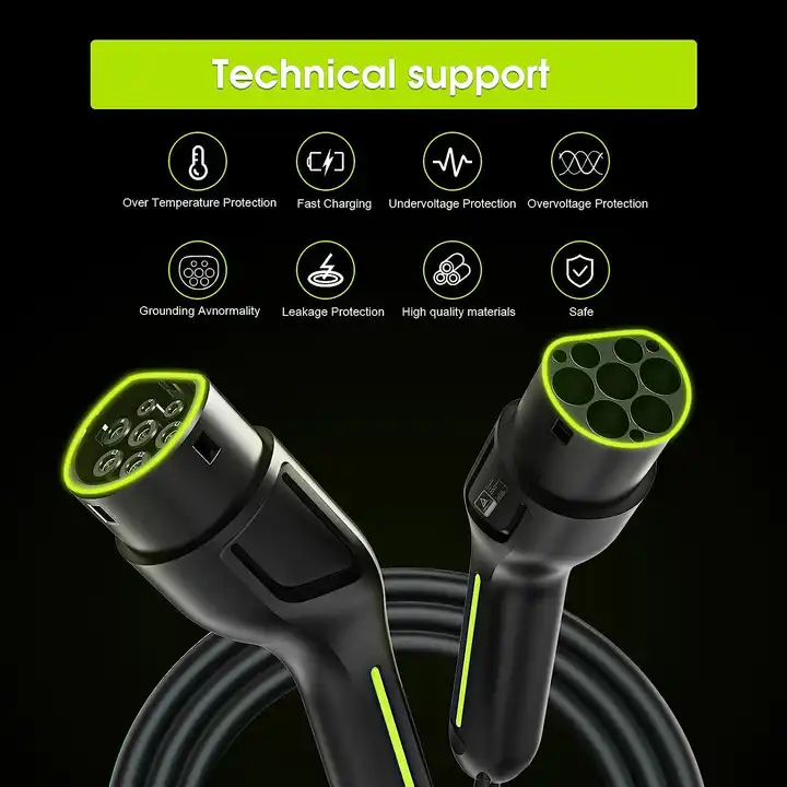 Type 2 to Type 2 32A Single Phase Spiral Green Cable Charging Plug