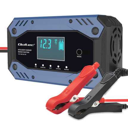 QOLTEC AKUMULATORA LĀDĒTĀJS 12V / 24V | 10A | LCD | LiFePO4 / AGM / GEL / EFB / STD | 9 PAKĀPJU UZLĀDE | REĢENERĀCIJA